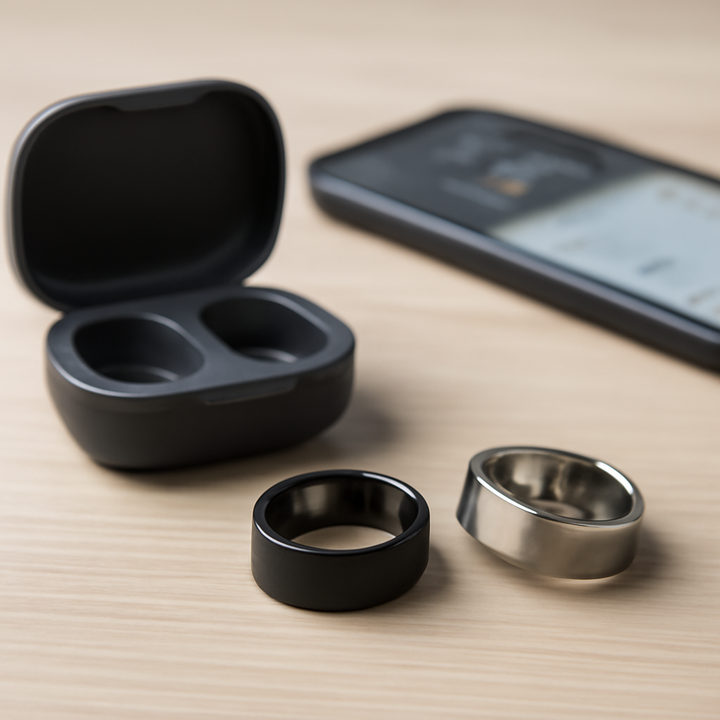 Smart rings product photo with charging case